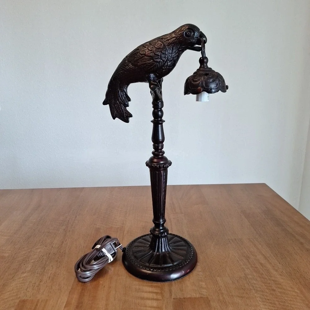 Vintage Art Deco Cast Iron Parrot W/ Lantern Lamp Working 18
